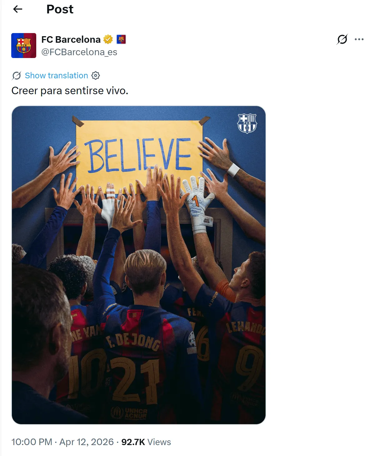 开云官网-传递逆转信念，巴萨社媒：唯有相信，才能感受到生命的跃动